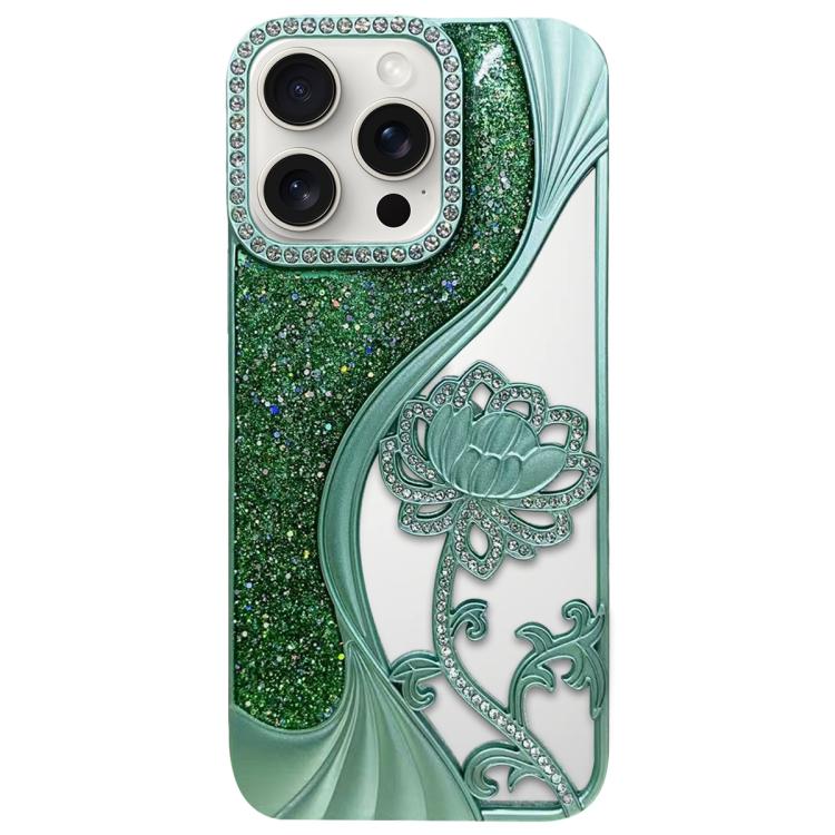 For iPhone 15 Pro Electroplated TPU Lotus Hollow-carved  Rhinestone Glitter Phone Case