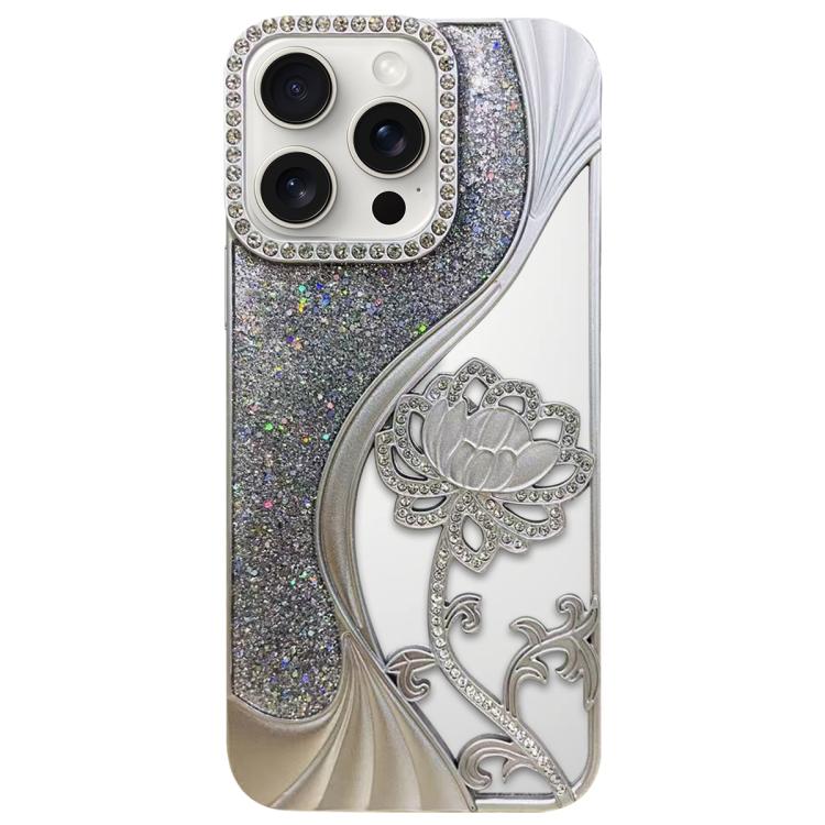 For iPhone 15 Pro Electroplated TPU Lotus Hollow-carved  Rhinestone Glitter Phone Case