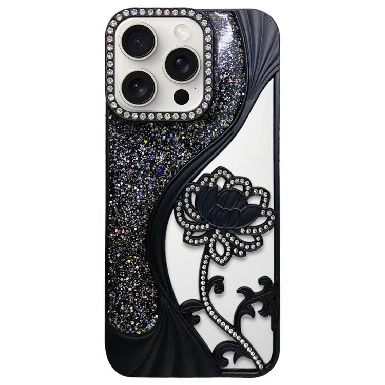 For iPhone 15 Pro Electroplated TPU Lotus Hollow-carved  Rhinestone Glitter Phone Case