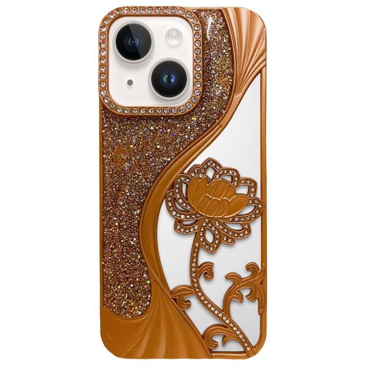 For iPhone 15 Electroplated TPU Lotus Hollow-carved  Rhinestone Glitter Phone Case
