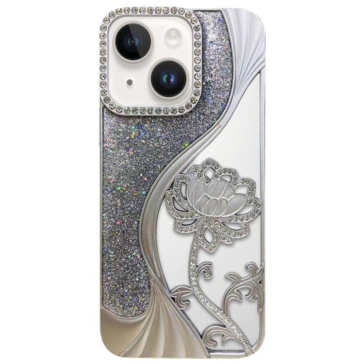 For iPhone 15 Electroplated TPU Lotus Hollow-carved  Rhinestone Glitter Phone Case