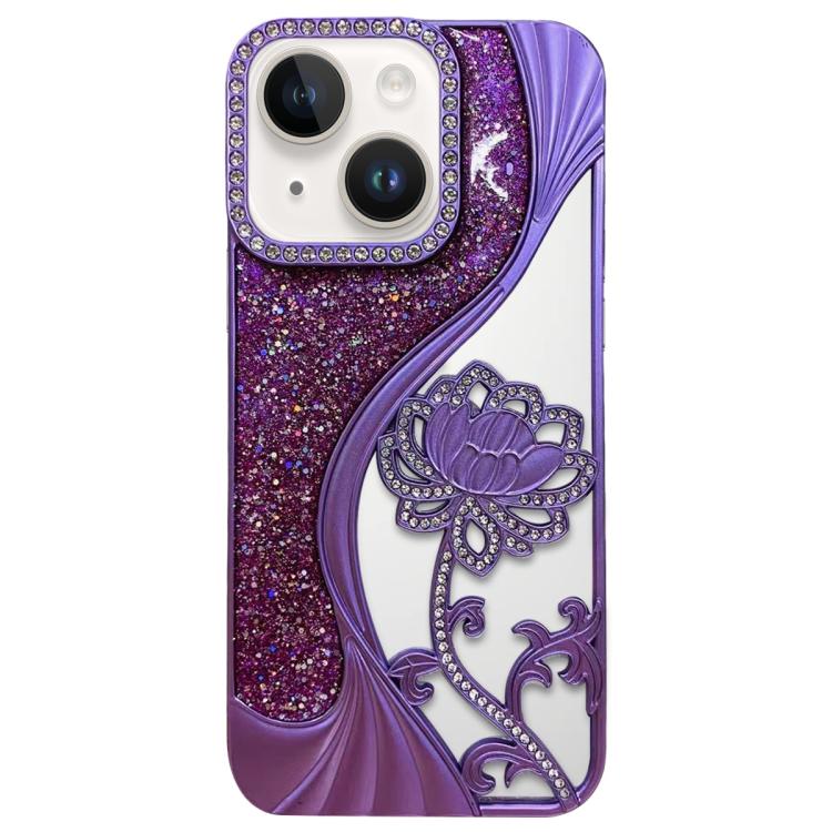 For iPhone 14 Electroplated TPU Lotus Hollow-carved  Rhinestone Glitter Phone Case