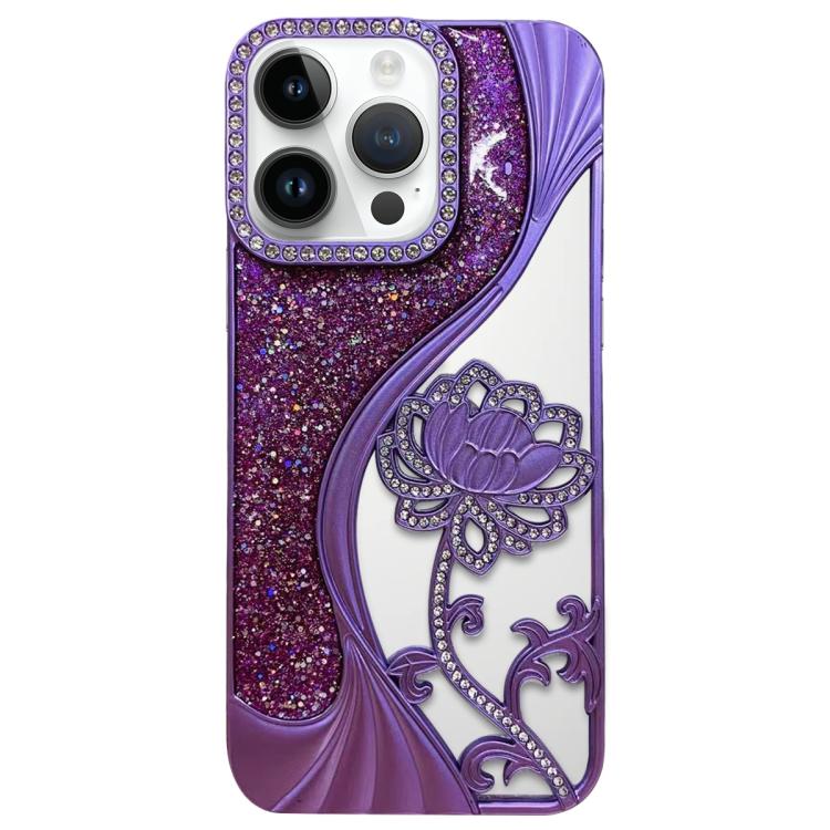 For iPhone 14 Pro Max Electroplated TPU Lotus Hollow-carved  Rhinestone Glitter Phone Case