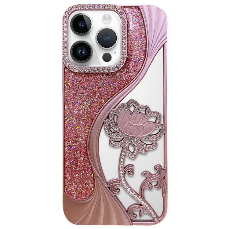 For iPhone 13 Pro Max Electroplated TPU Lotus Hollow-carved  Rhinestone Glitter Phone Case