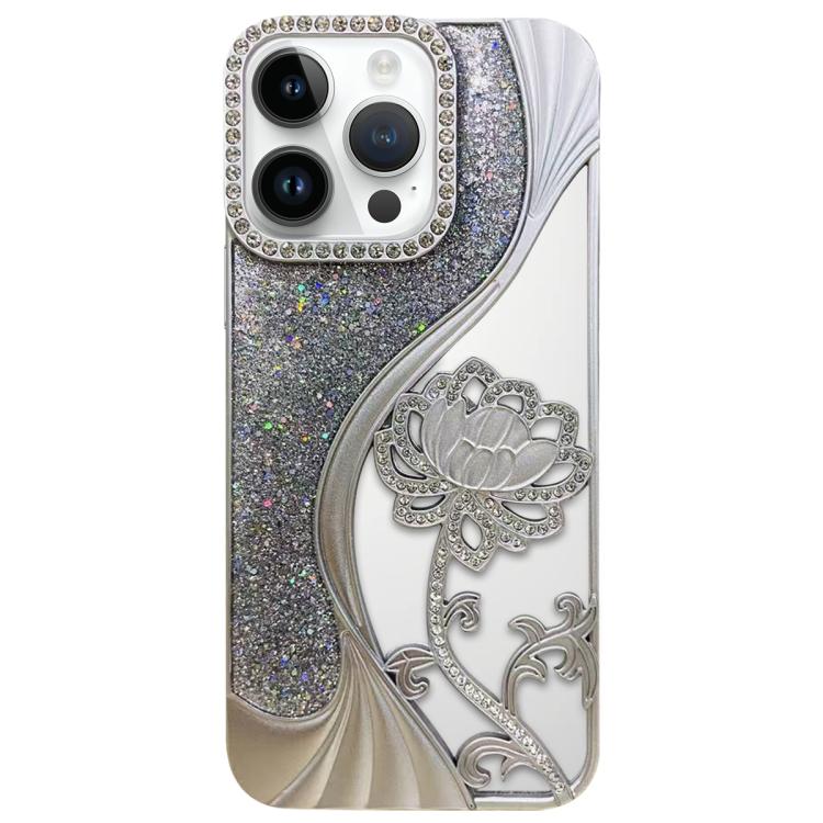 For iPhone 13 Pro Max Electroplated TPU Lotus Hollow-carved  Rhinestone Glitter Phone Case