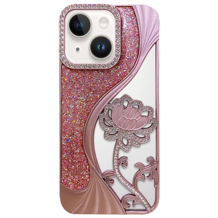 For iPhone 13 Electroplated TPU Lotus Hollow-carved  Rhinestone Glitter Phone Case