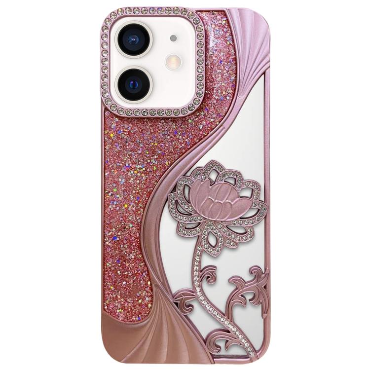 For iPhone 12 Electroplated TPU Lotus Hollow-carved  Rhinestone Glitter Phone Case