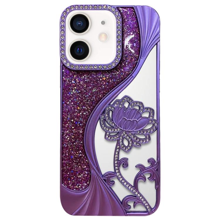 For iPhone 12 Electroplated TPU Lotus Hollow-carved  Rhinestone Glitter Phone Case