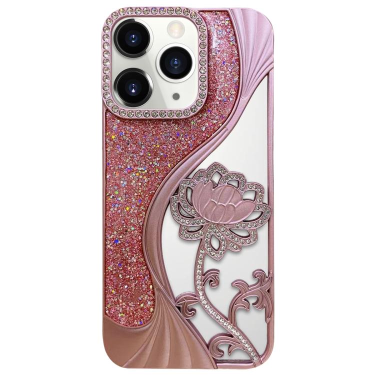 For iPhone 11 Pro Max Electroplated TPU Lotus Hollow-carved  Rhinestone Glitter Phone Case
