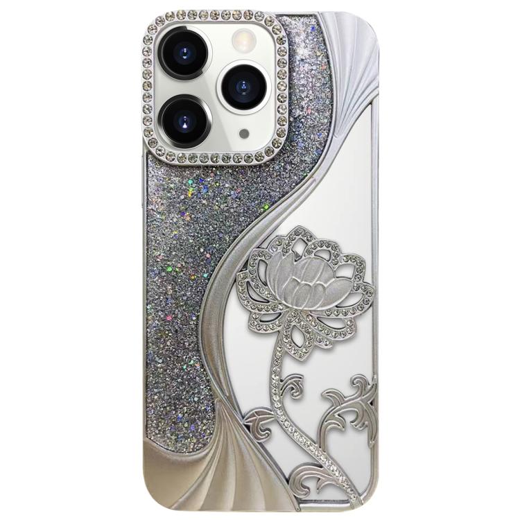 For iPhone 11 Pro Max Electroplated TPU Lotus Hollow-carved  Rhinestone Glitter Phone Case