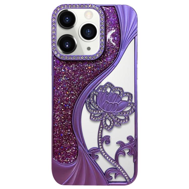 For iPhone 11 Pro Max Electroplated TPU Lotus Hollow-carved  Rhinestone Glitter Phone Case