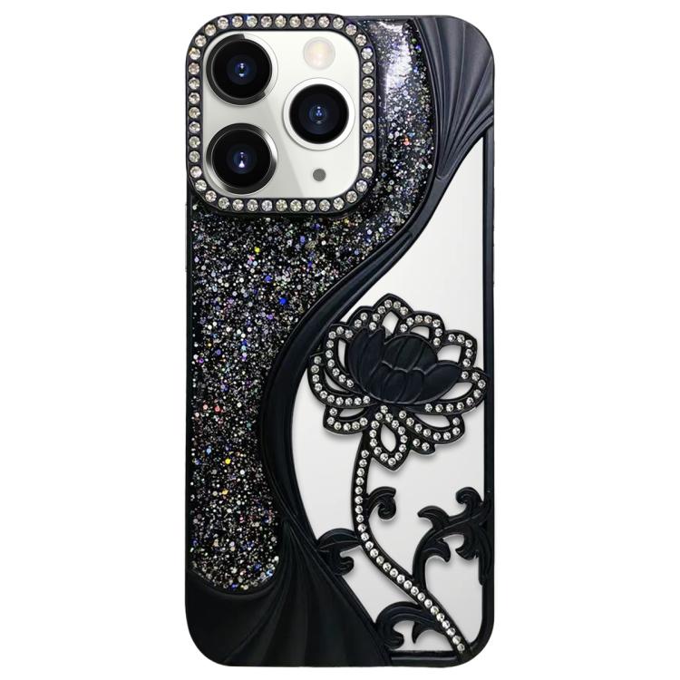 For iPhone 11 Pro Max Electroplated TPU Lotus Hollow-carved  Rhinestone Glitter Phone Case