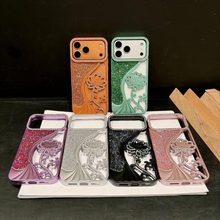For iPhone 14 Pro Electroplated TPU Lotus Hollow-carved  Rhinestone Glitter Phone Case