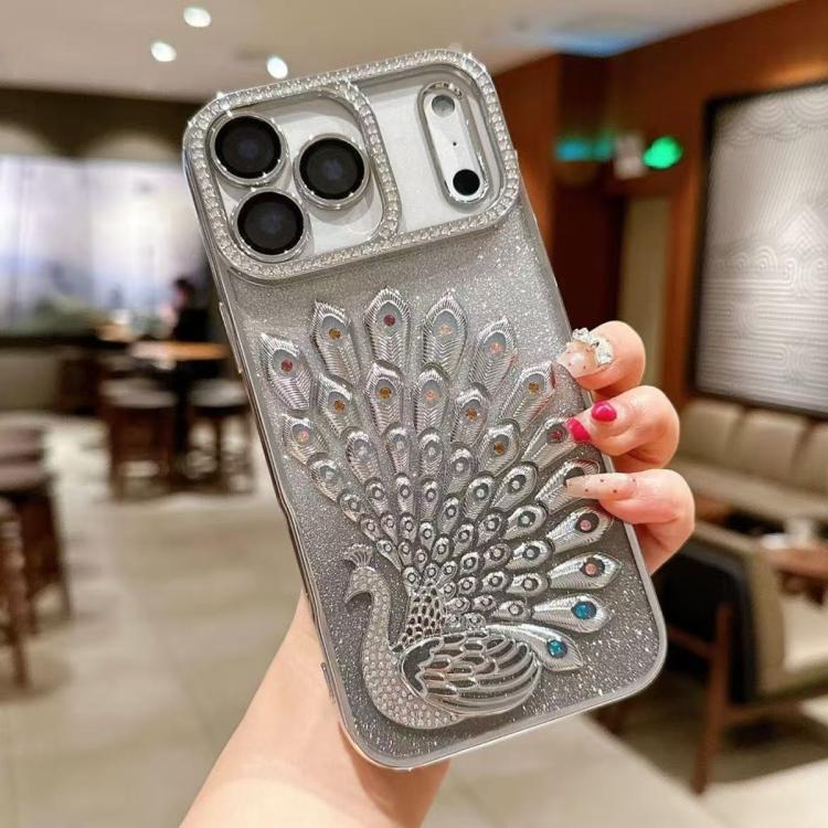 For iPhone 17 Pro Max Electroplated TPU Peacock Relief Rhinestone Glitter Phone Case with Lens Film