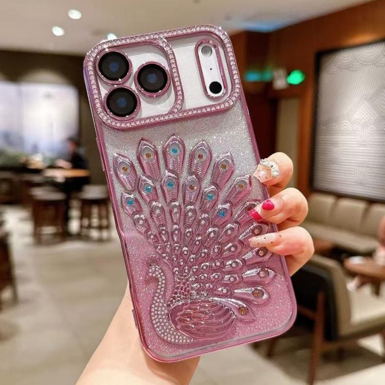 For iPhone 17 Pro Max Electroplated TPU Peacock Relief Rhinestone Glitter Phone Case with Lens Film
