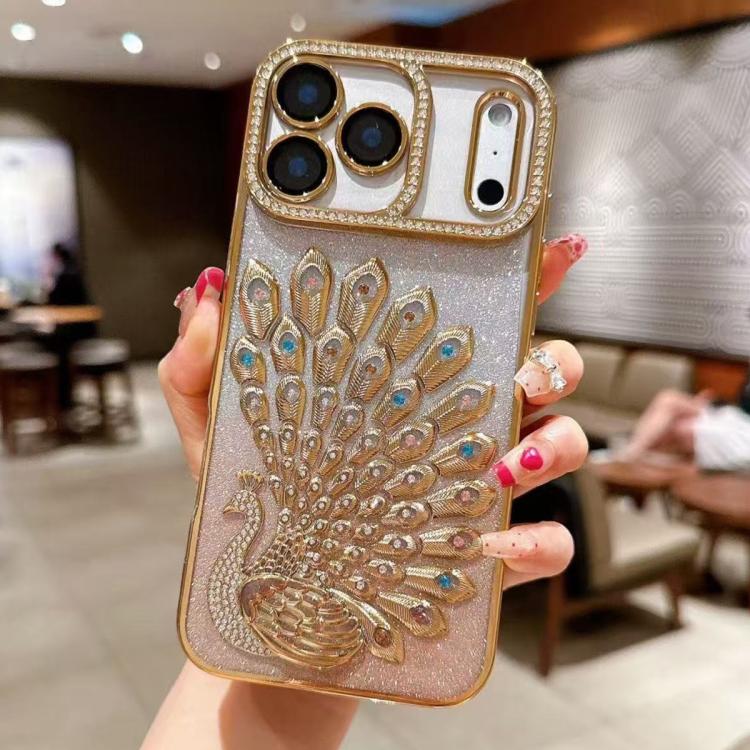 For iPhone 17 Pro Max Electroplated TPU Peacock Relief Rhinestone Glitter Phone Case with Lens Film