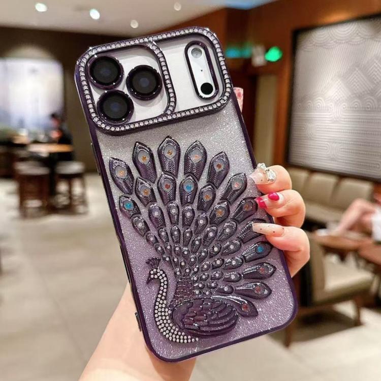 For iPhone 17 Pro Max Electroplated TPU Peacock Relief Rhinestone Glitter Phone Case with Lens Film