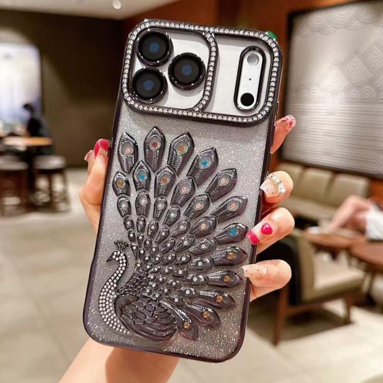 For iPhone 17 Pro Max Electroplated TPU Peacock Relief Rhinestone Glitter Phone Case with Lens Film