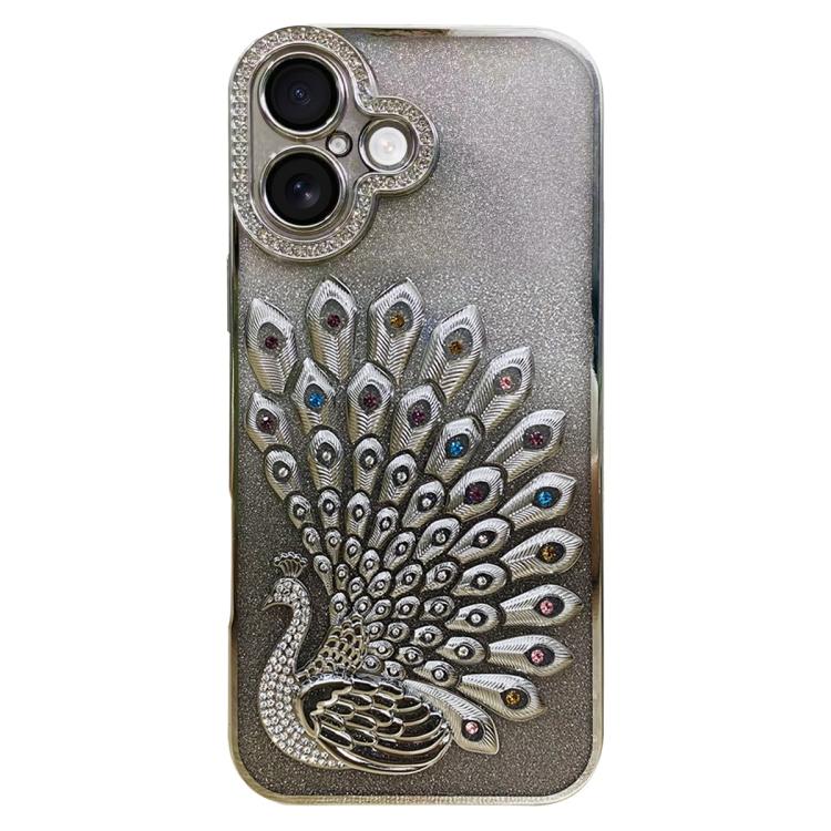 For iPhone 17 Electroplated TPU Peacock Relief Rhinestone Glitter Phone Case with Lens Film