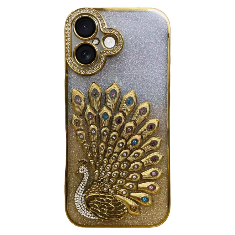 For iPhone 17 Electroplated TPU Peacock Relief Rhinestone Glitter Phone Case with Lens Film