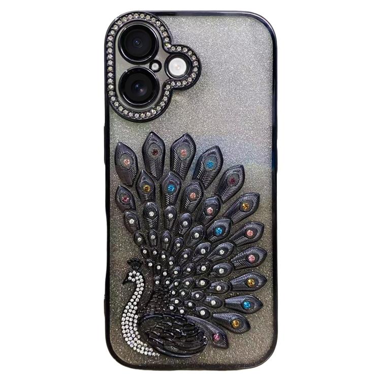 For iPhone 17 Electroplated TPU Peacock Relief Rhinestone Glitter Phone Case with Lens Film