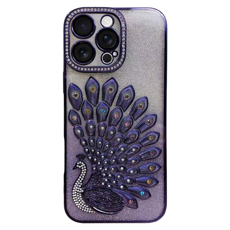 For iPhone 16 Pro Max Electroplated TPU Peacock Relief Rhinestone Glitter Phone Case with Lens Film
