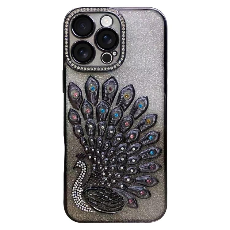 For iPhone 16 Pro Max Electroplated TPU Peacock Relief Rhinestone Glitter Phone Case with Lens Film
