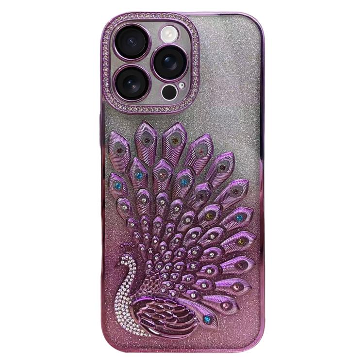 For iPhone 16 Pro Electroplated TPU Peacock Relief Rhinestone Glitter Phone Case with Lens Film