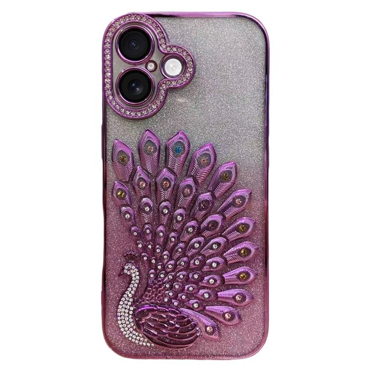 For iPhone 16 Plus Electroplated TPU Peacock Relief Rhinestone Glitter Phone Case with Lens Film