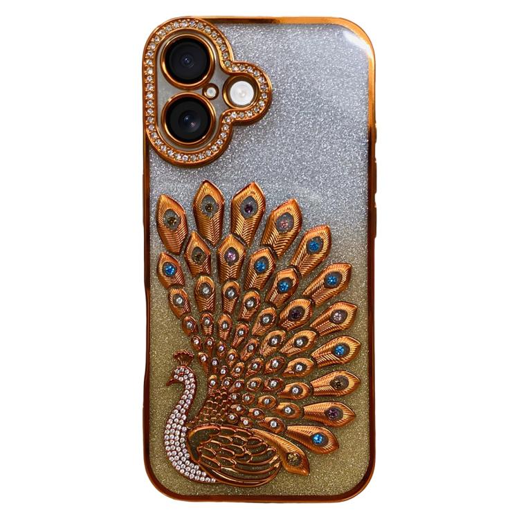 For iPhone 16 Plus Electroplated TPU Peacock Relief Rhinestone Glitter Phone Case with Lens Film