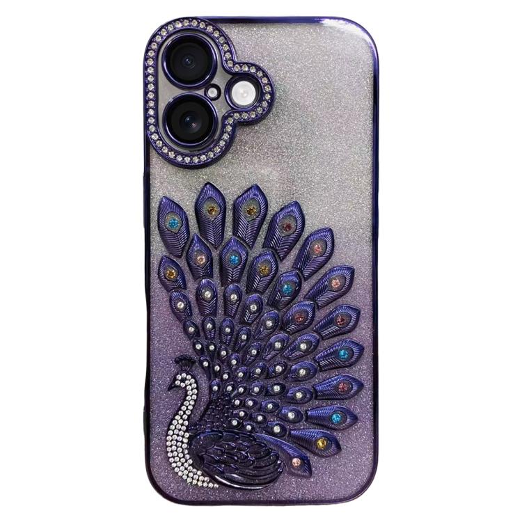 For iPhone 16 Electroplated TPU Peacock Relief Rhinestone Glitter Phone Case with Lens Film