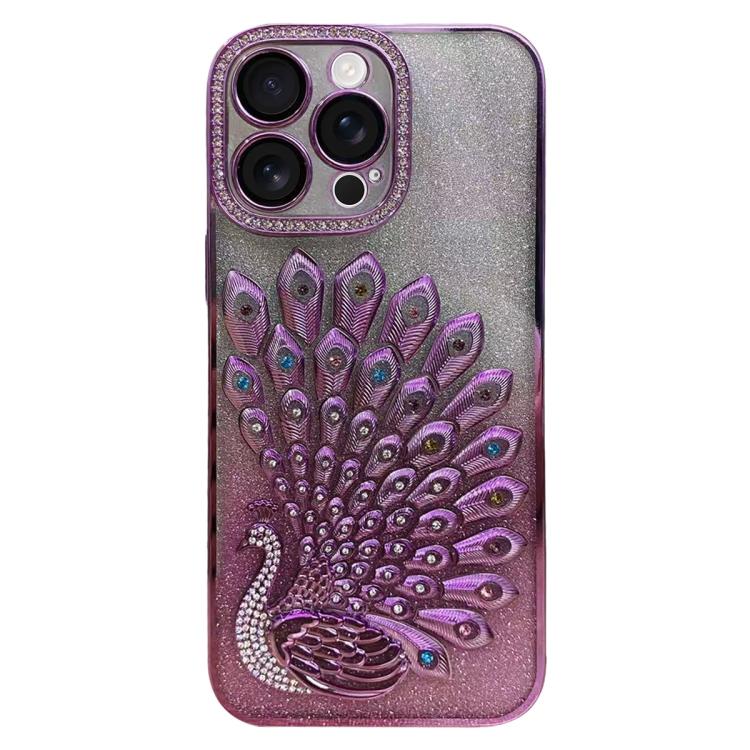 For iPhone 15 Pro Electroplated TPU Peacock Relief Rhinestone Glitter Phone Case with Lens Film