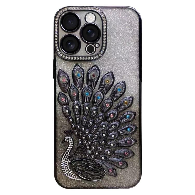 For iPhone 15 Pro Electroplated TPU Peacock Relief Rhinestone Glitter Phone Case with Lens Film