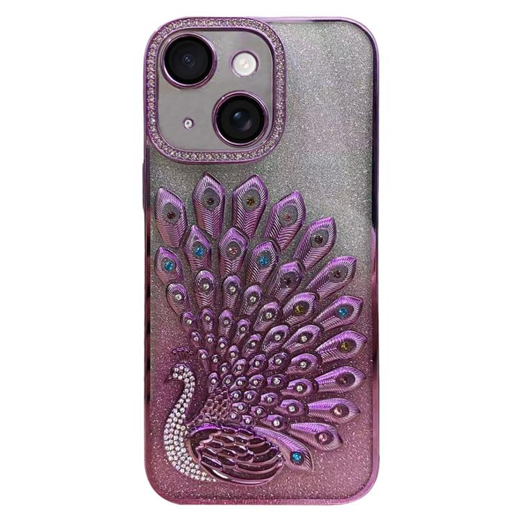 For iPhone 15 Electroplated TPU Peacock Relief Rhinestone Glitter Phone Case with Lens Film