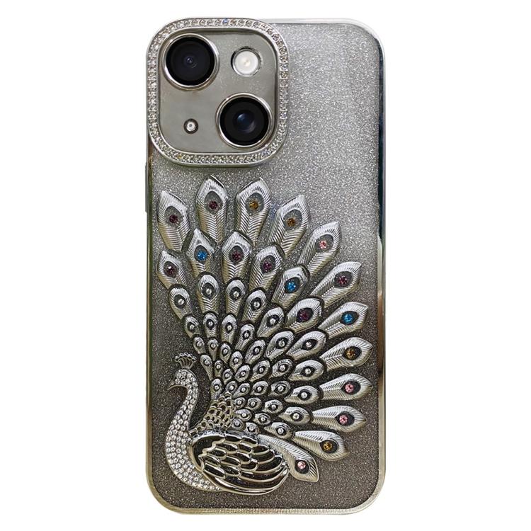For iPhone 14 Electroplated TPU Peacock Relief Rhinestone Glitter Phone Case with Lens Film