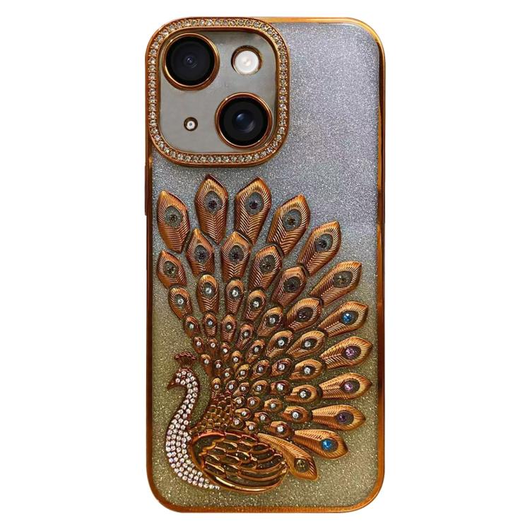 For iPhone 14 Electroplated TPU Peacock Relief Rhinestone Glitter Phone Case with Lens Film