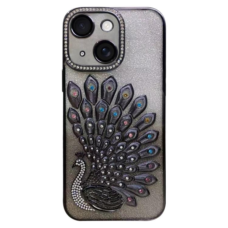 For iPhone 14 Electroplated TPU Peacock Relief Rhinestone Glitter Phone Case with Lens Film