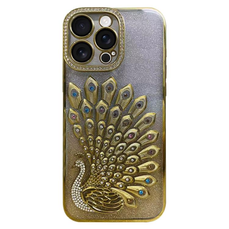 For iPhone 14 Pro Electroplated TPU Peacock Relief Rhinestone Glitter Phone Case with Lens Film