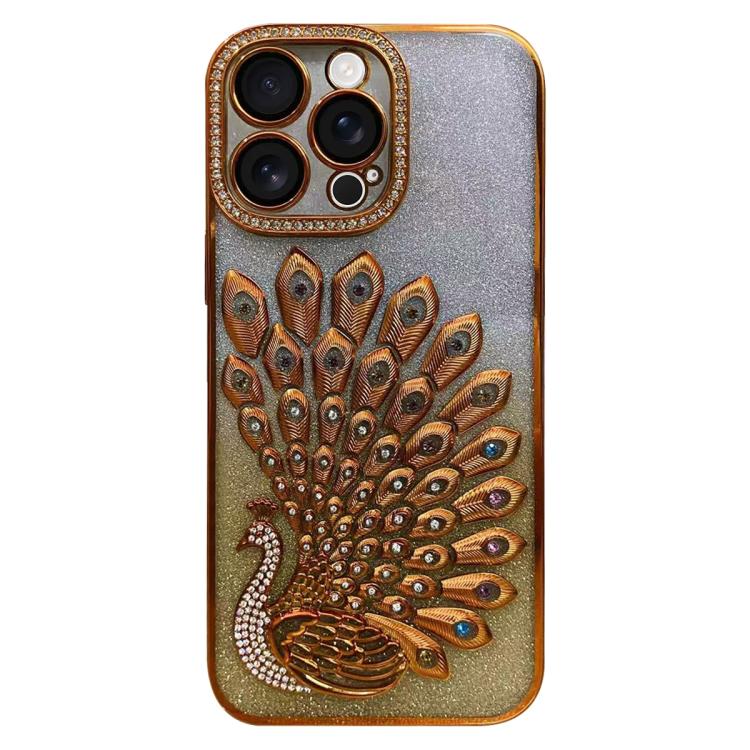 For iPhone 14 Pro Electroplated TPU Peacock Relief Rhinestone Glitter Phone Case with Lens Film