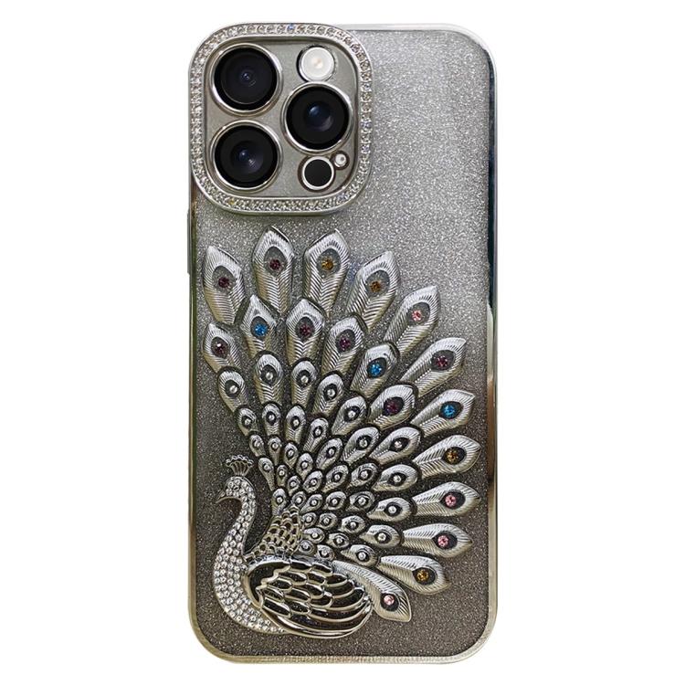 For iPhone 13 Pro Max Electroplated TPU Peacock Relief Rhinestone Glitter Phone Case with Lens Film