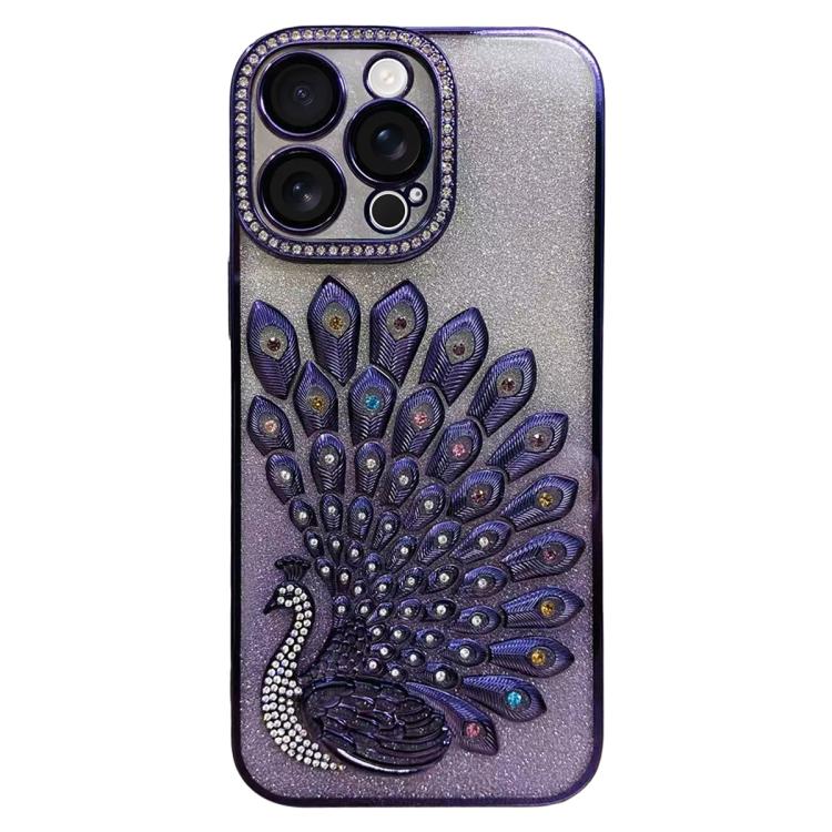For iPhone 13 Pro Electroplated TPU Peacock Relief Rhinestone Glitter Phone Case with Lens Film