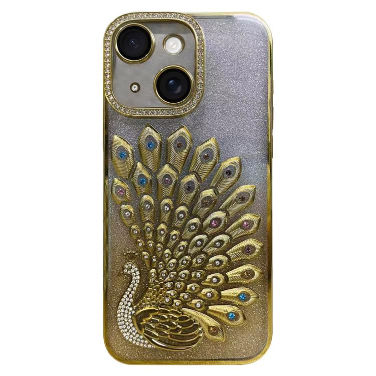 For iPhone 13 Electroplated TPU Peacock Relief Rhinestone Glitter Phone Case with Lens Film