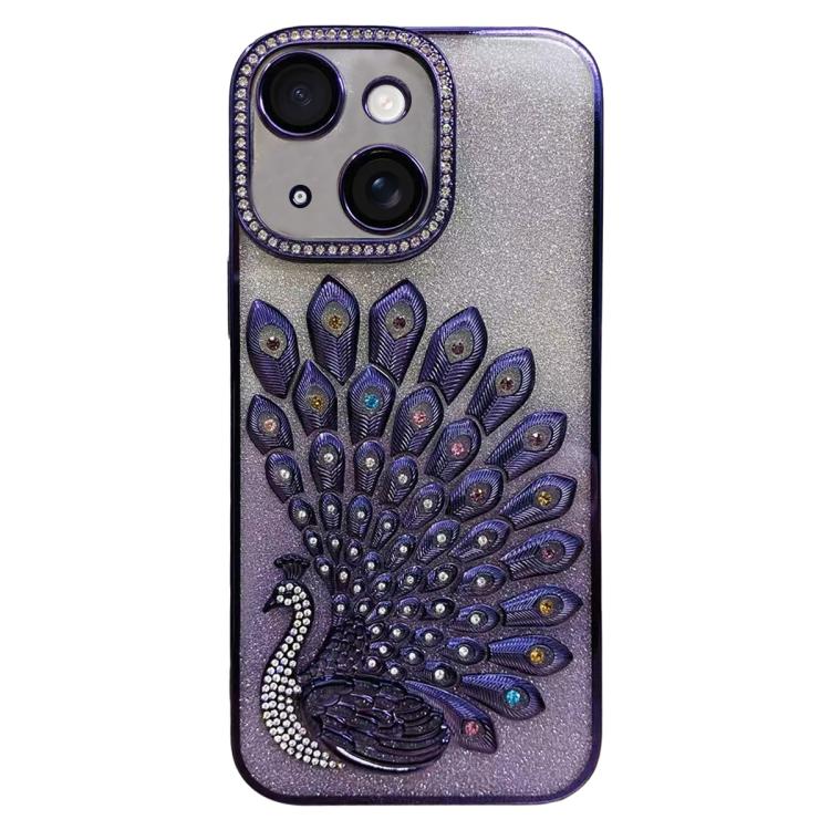 For iPhone 13 Electroplated TPU Peacock Relief Rhinestone Glitter Phone Case with Lens Film
