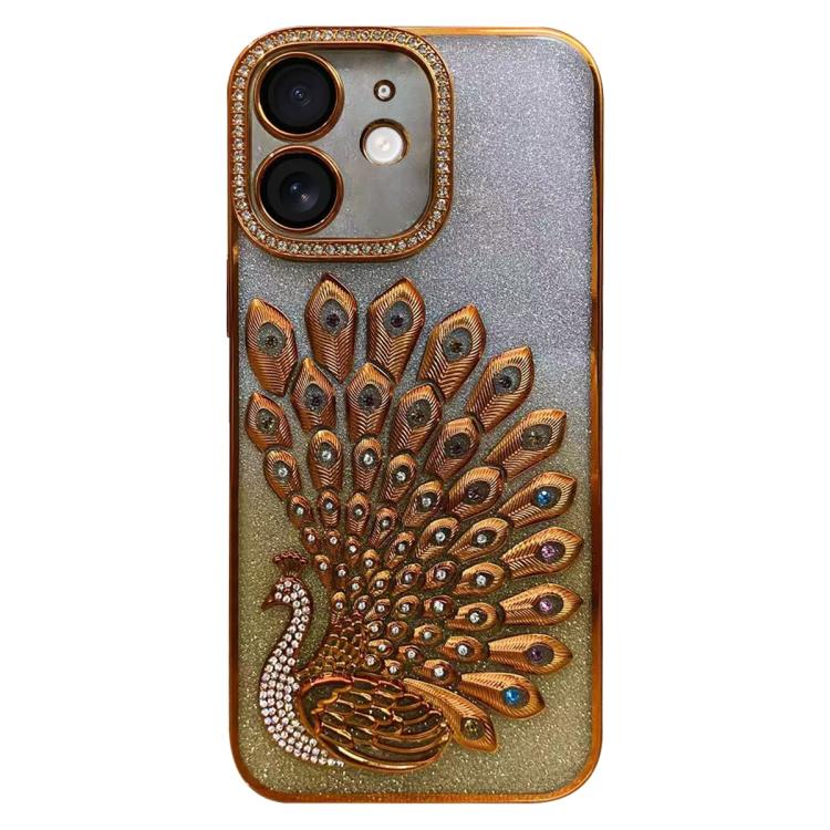 For iPhone 11 Electroplated TPU Peacock Relief Rhinestone Glitter Phone Case with Lens Film
