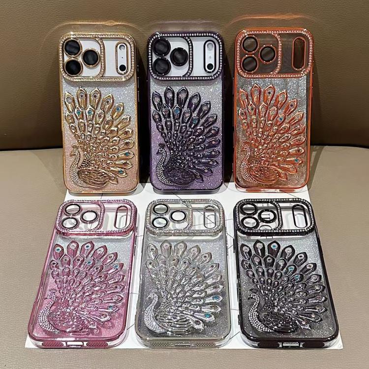 For iPhone 11 Electroplated TPU Peacock Relief Rhinestone Glitter Phone Case with Lens Film