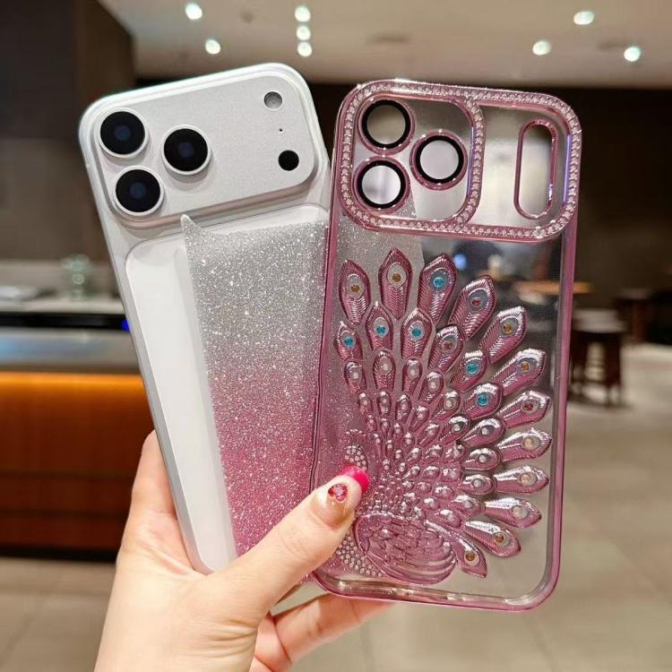 For iPhone 11 Electroplated TPU Peacock Relief Rhinestone Glitter Phone Case with Lens Film