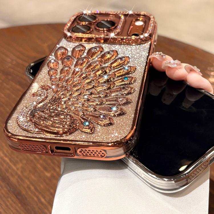For iPhone 14 Electroplated TPU Peacock Relief Rhinestone Glitter Phone Case with Lens Film
