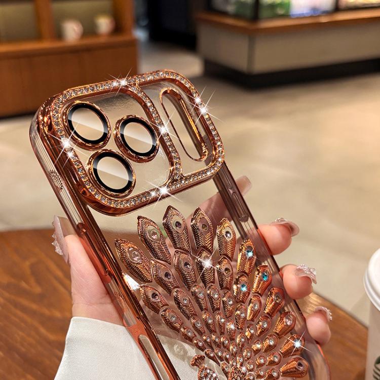 For iPhone 14 Electroplated TPU Peacock Relief Rhinestone Glitter Phone Case with Lens Film