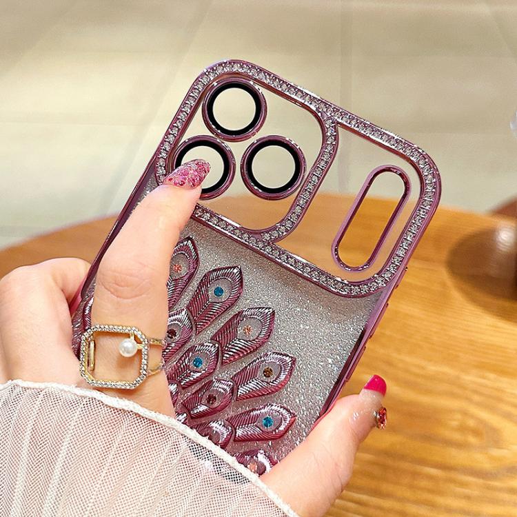 For iPhone 13 Pro Electroplated TPU Peacock Relief Rhinestone Glitter Phone Case with Lens Film