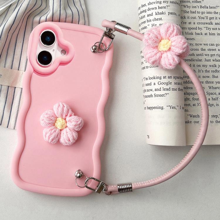 For iPhone 16 Plus Plush Flower Wavy TPU Phone Case with Lanyard